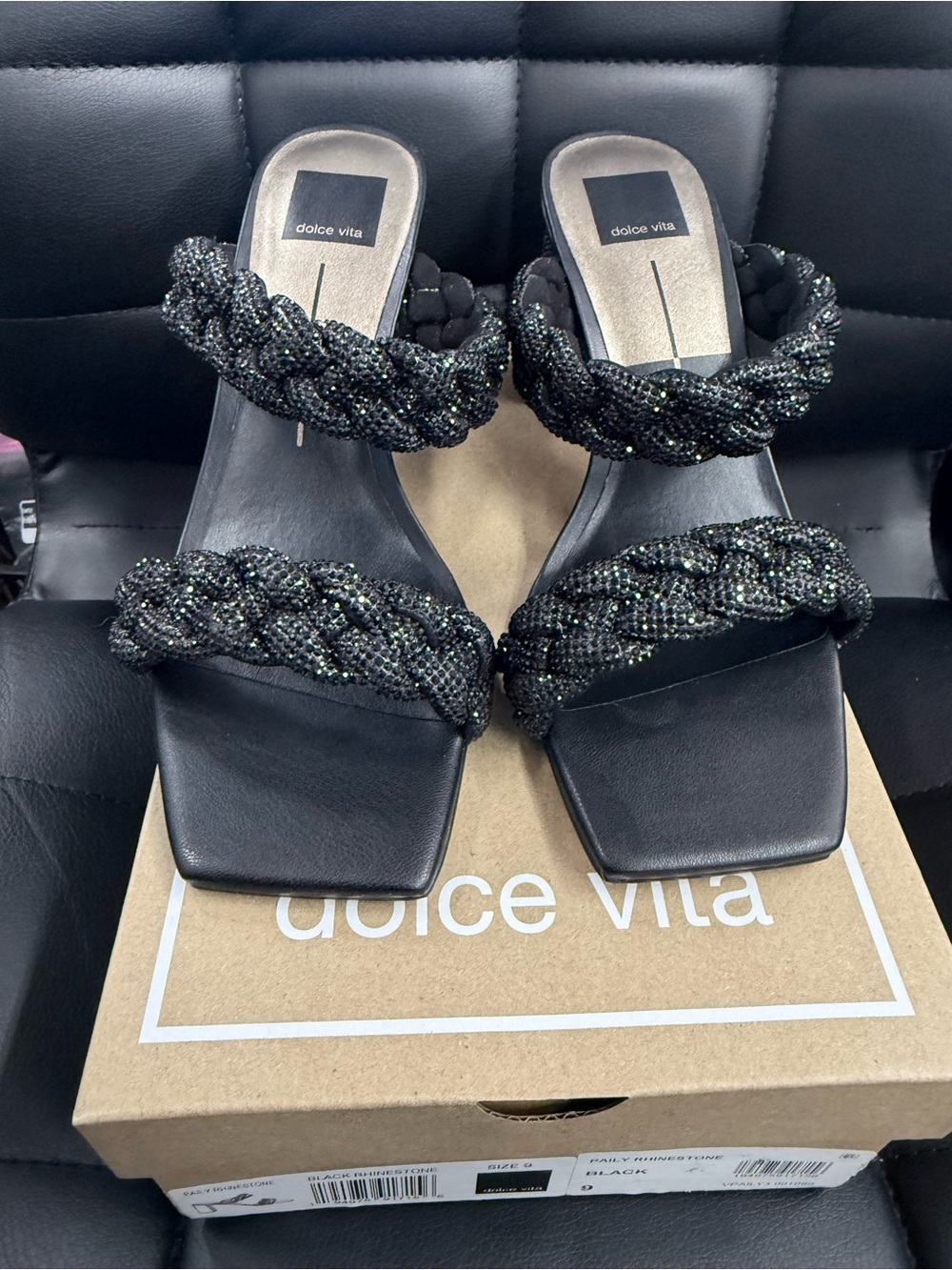 Dolce Vita Paily Black Rhinestone Braided Block Heel Slide Sandals NIB Women’s 9